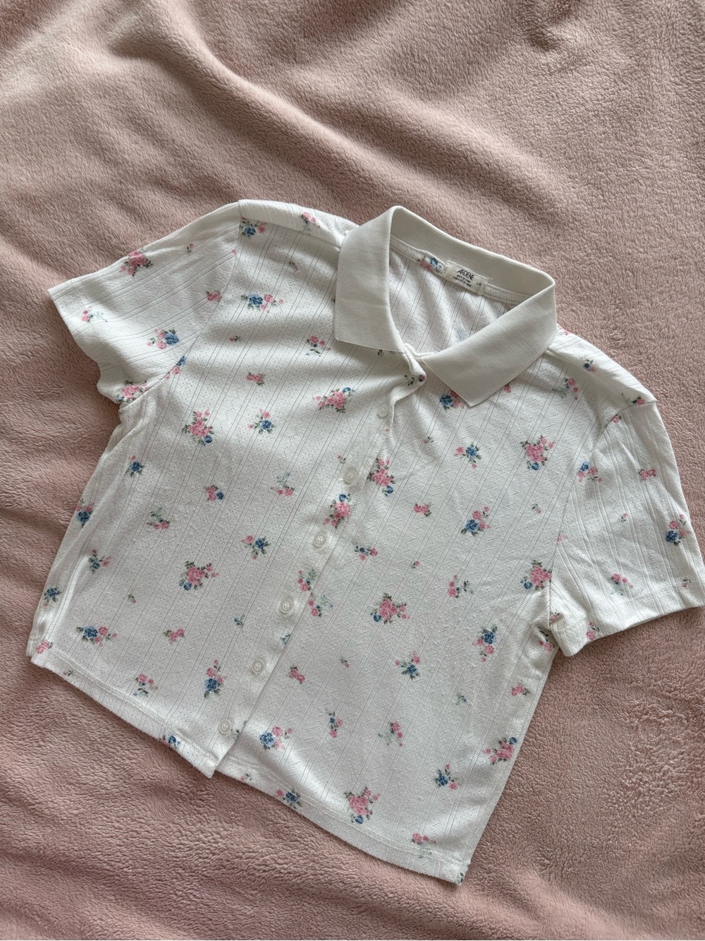 White Pointelle Button-Up Crop Top with Pink & Blue Floral Print